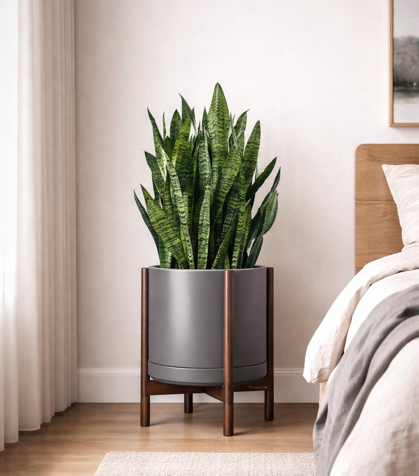 D'vine Dev Ceramic Planter with Walnut Color Stand - 14 Inch Modern Round Flower Pot with Wood Planter Holder, Grey, 55-B-T-3