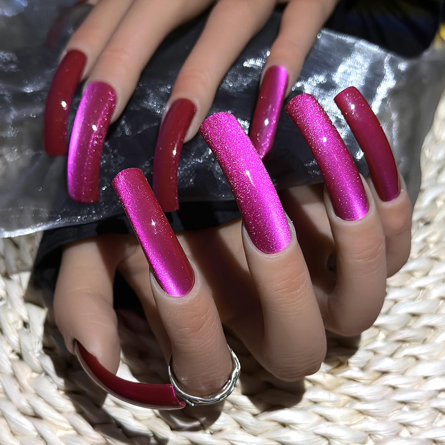 Purple Press On Nails Long Handmade Curved Fake Nails with Cat's Eye Designs XL Square Nails Press ons Sparkly Reusable False Nails for Women Manicure 10Pcs(Size M)