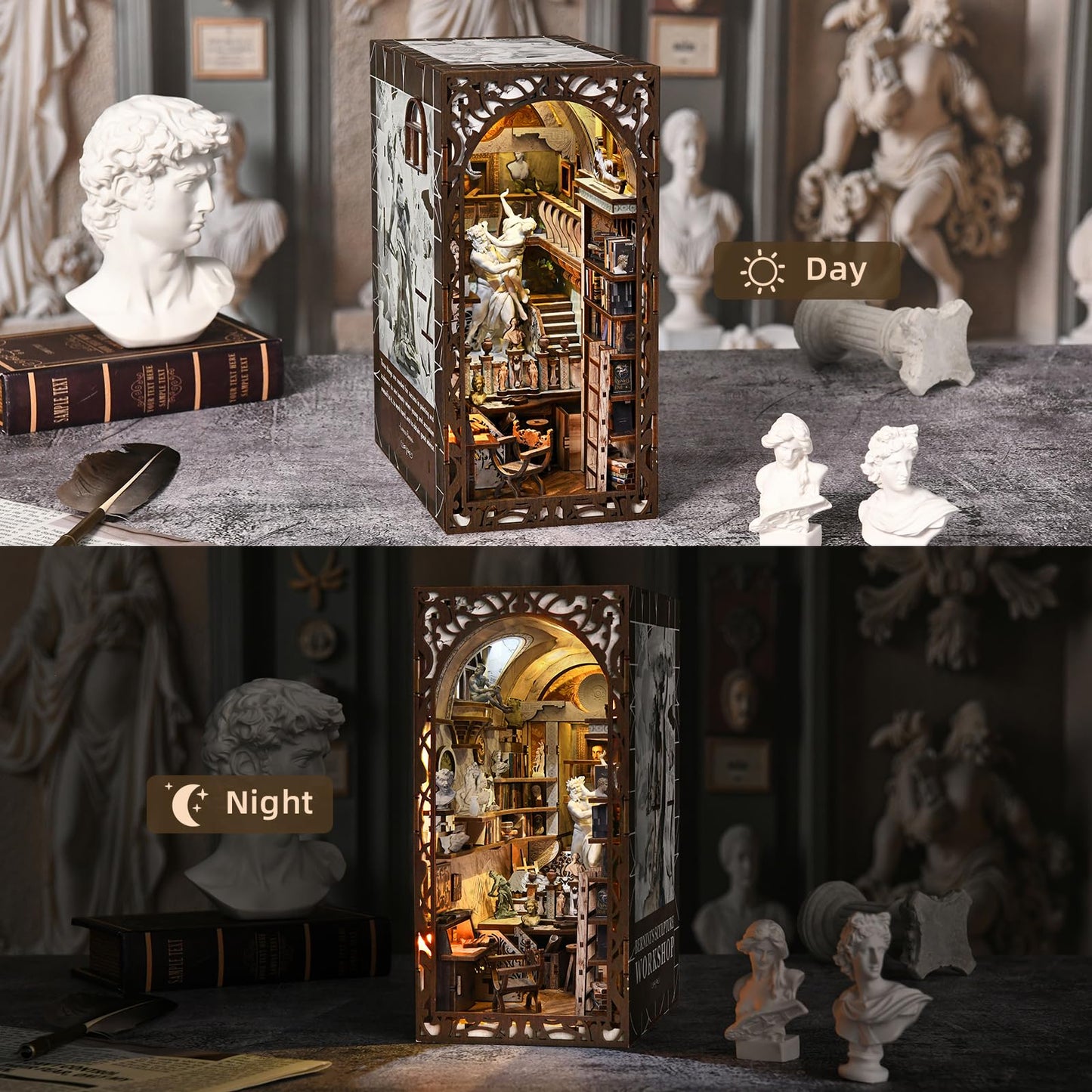 CCCDF DIY Book Nook Kit, 3D Wooden Puzzle for Adults, Teens, DIY Miniature Dollhouse Booknook Kit Bookend Bookshelf Insert Decor with LED Light (Bernini's Sculpture Workshop)