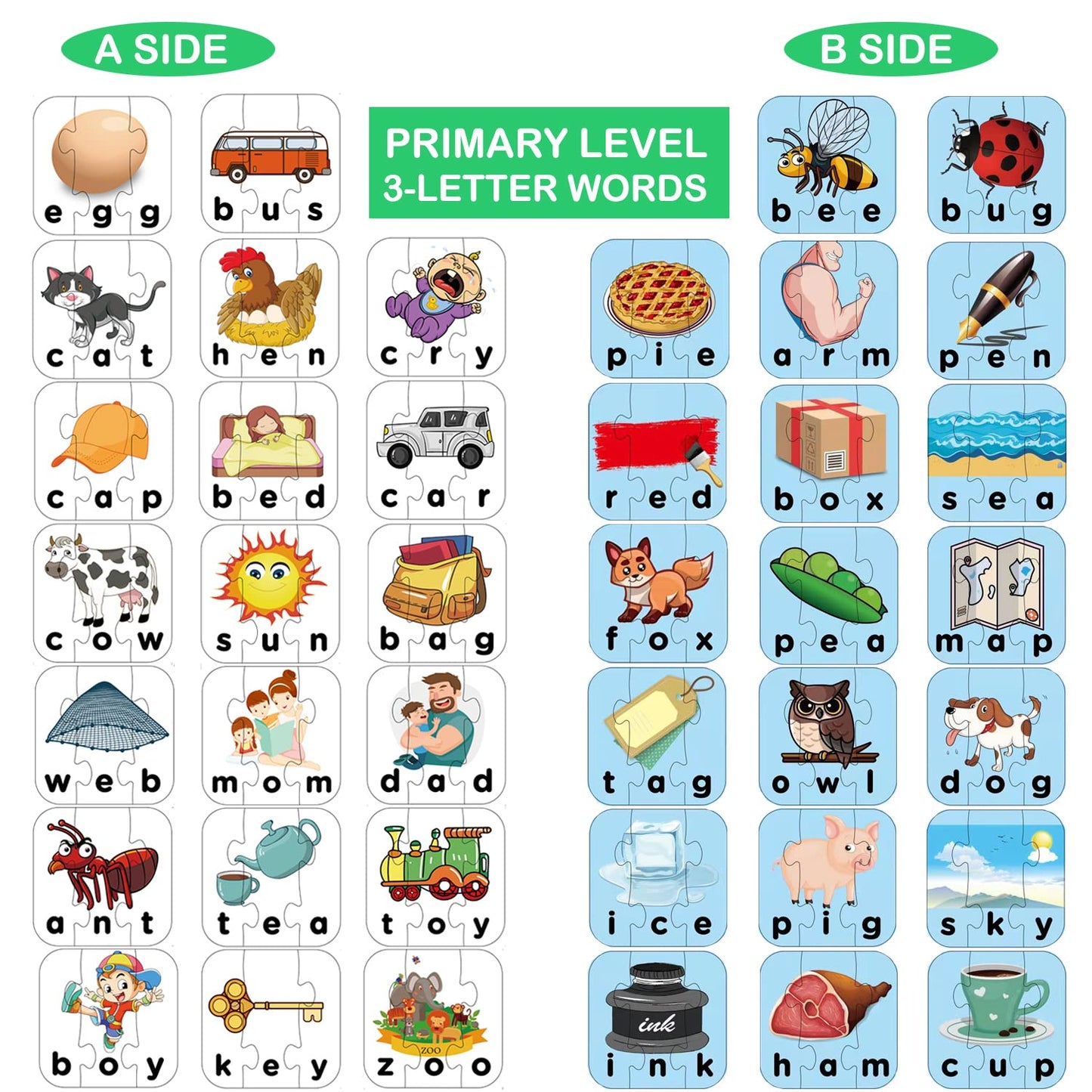 80 Words Self-Correcting Spelling Puzzles, Double-Sided Three and Four Letter Words with Matching Images, Perfect for Kids Age 3+ Year Old