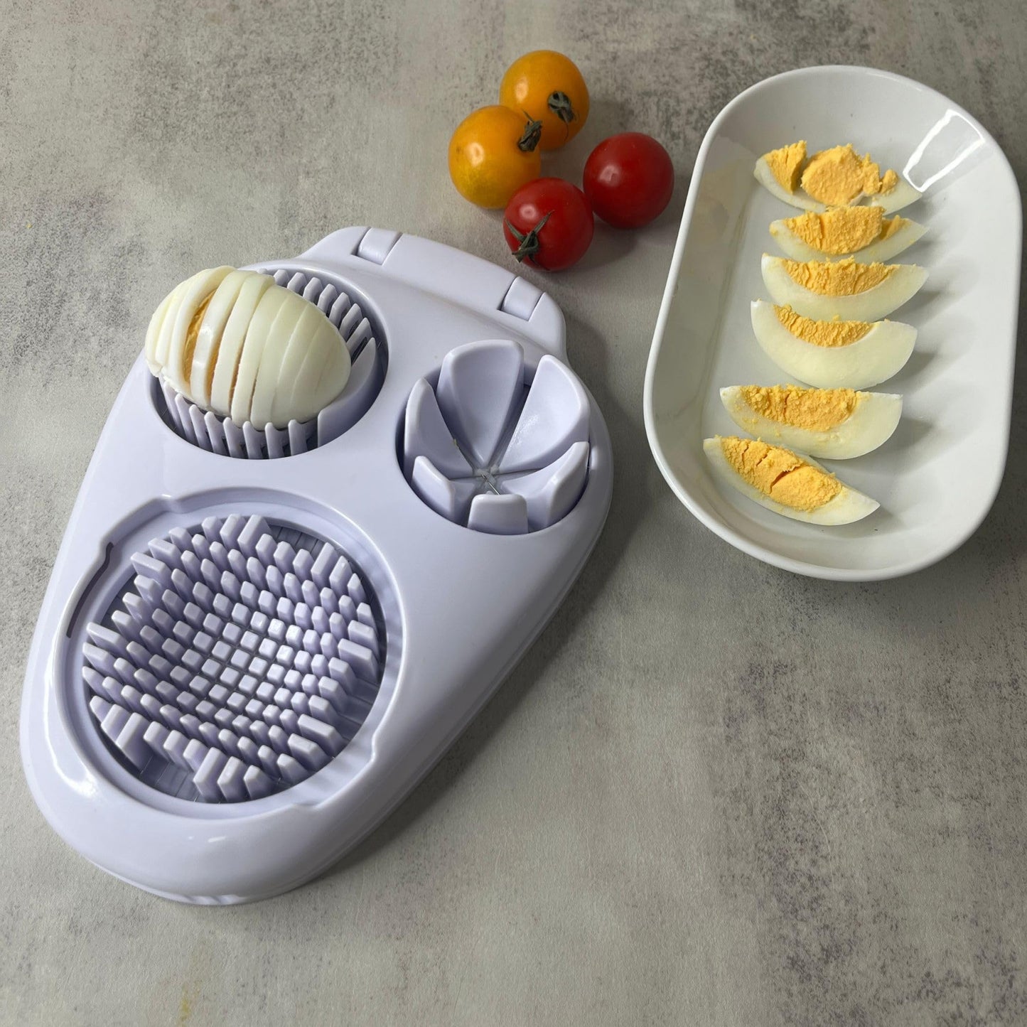 MASALACO 3 in 1 Boiled Egg Slicer, Three Slicing Modes, Tomato, Strawberry, Banana Kitchen Slicing Tool, Chopper, Egg Slicer Kitchen Small Tool, White