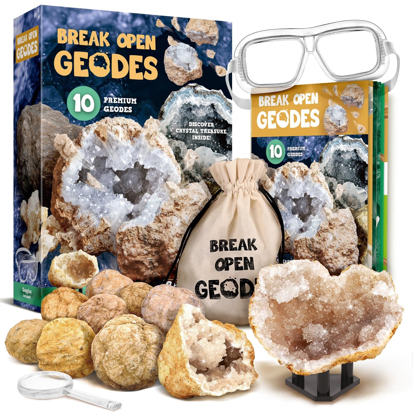 Break Open 10 Premium Geodes with Crystals – Great STEM Science Gift for Mineralogy & Geology Enthusiasts of Boys and Girls for Any Age - Includes Goggles, Learning Guide & 2 Display Stands