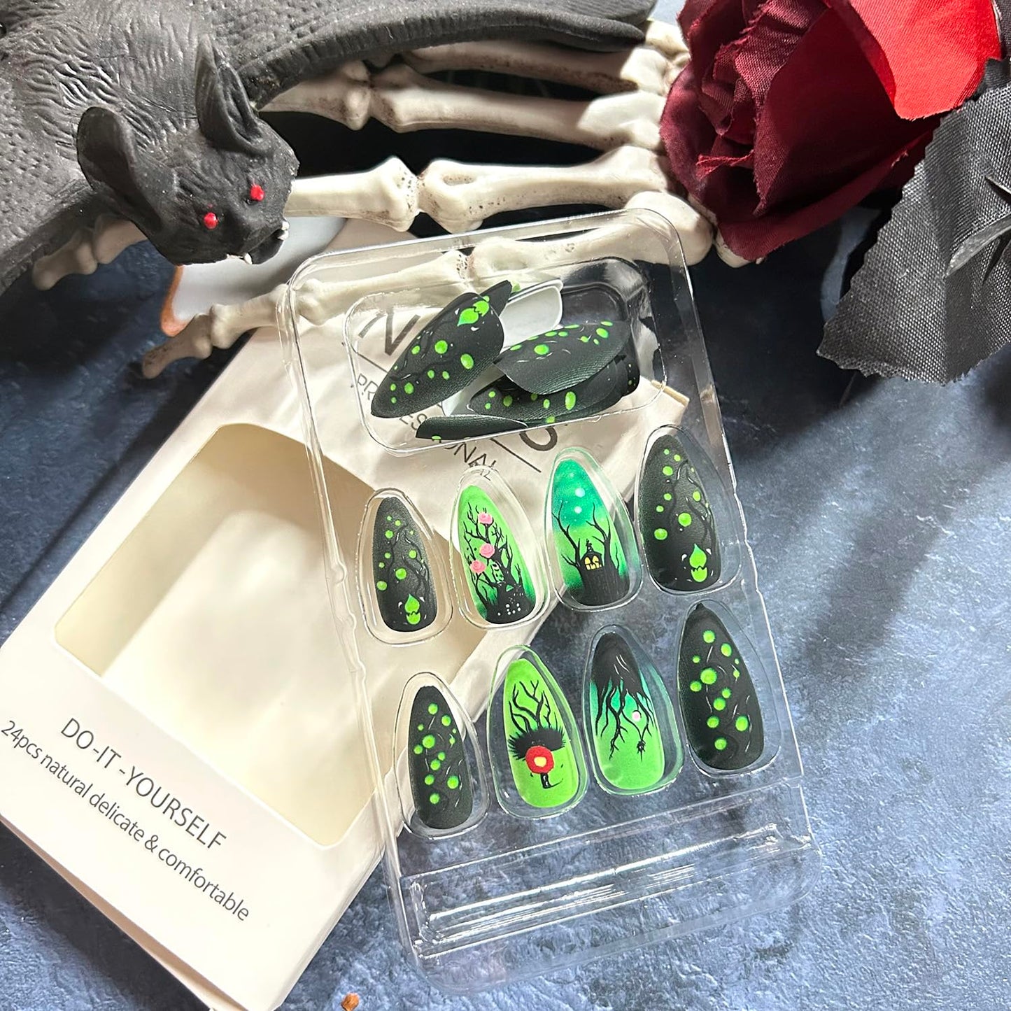 Green Fluorescence Halloween Press on Nails Long Black Forest Castle Rose Pattern Design Halloween Nail Full Cover Glossy Artificial Acrylic False Nail French Tip Almond Glue on Nails for Women 24Pcs