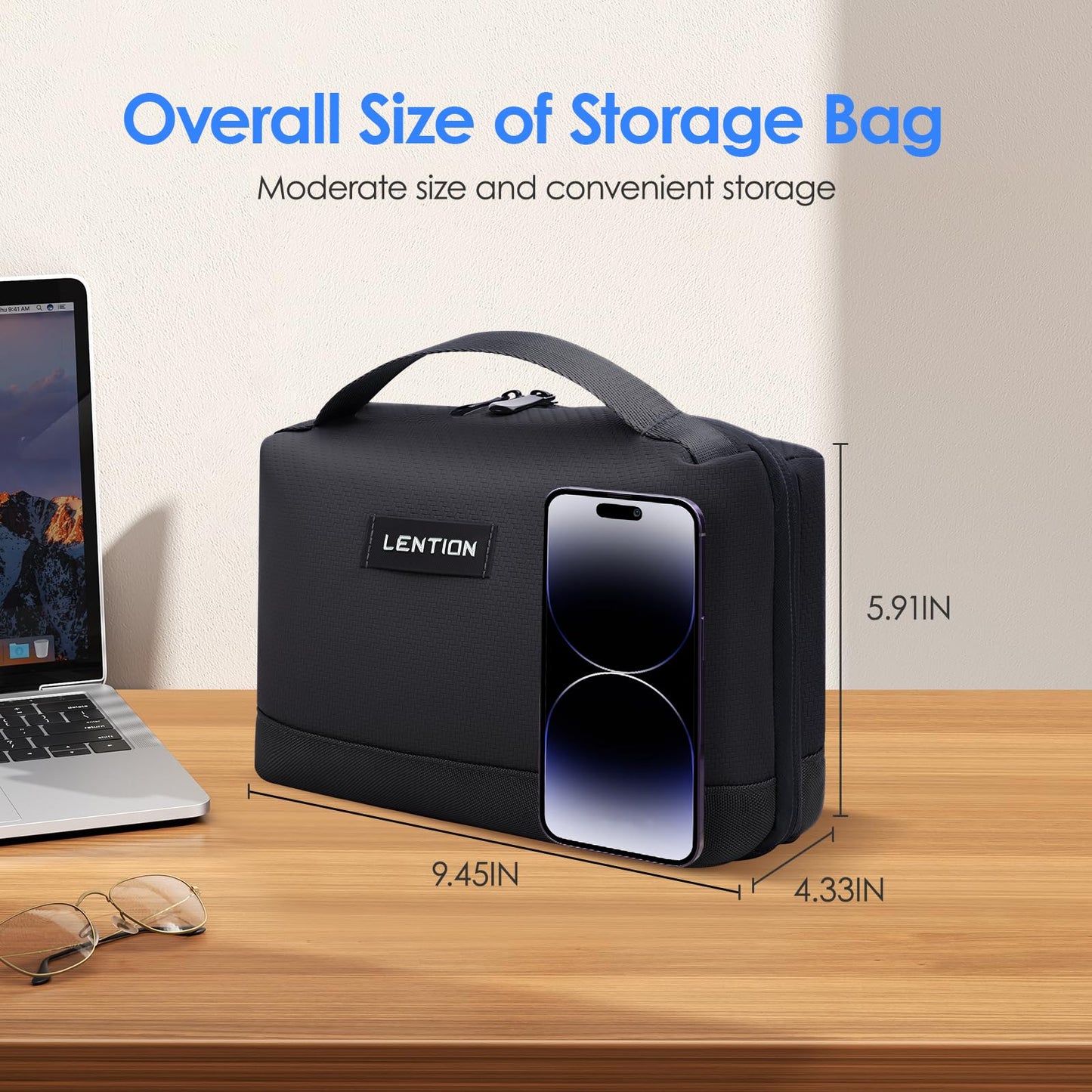 LENTION Premium Electronics Organizer Case with Handle, Large Multi-Compartment Travel Tech Bag for Tablet, Macbook Chargers, Cables, AirPods, Hard Drive Case Waterproof Travel Accessory(M372 Black)