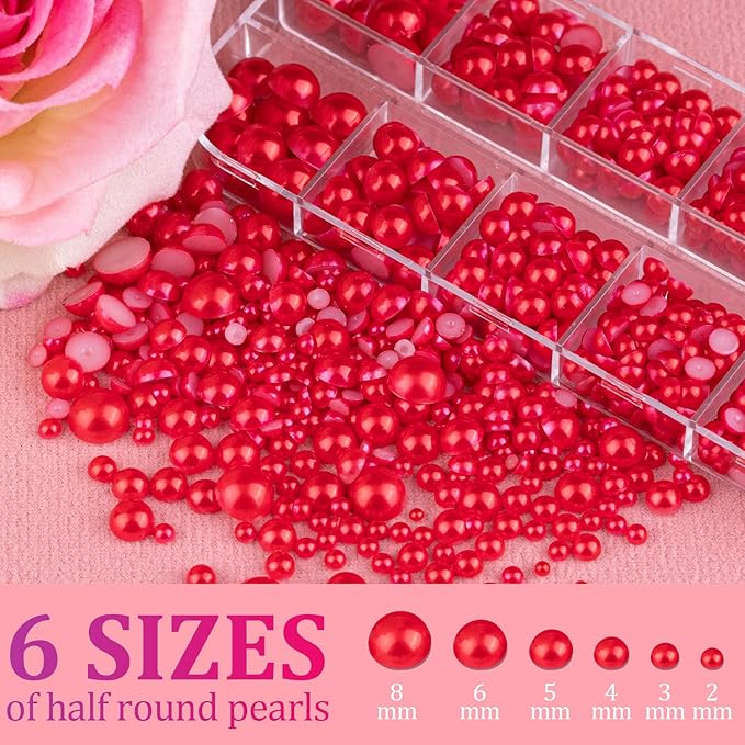 Belleboost Flat Back Pearls Kits 3 Boxes of Flatback Red Half Round Pearls with Pickup Pencil and Tweezer for Home DIY and Professional Nail Art, Face Makeup and Craft