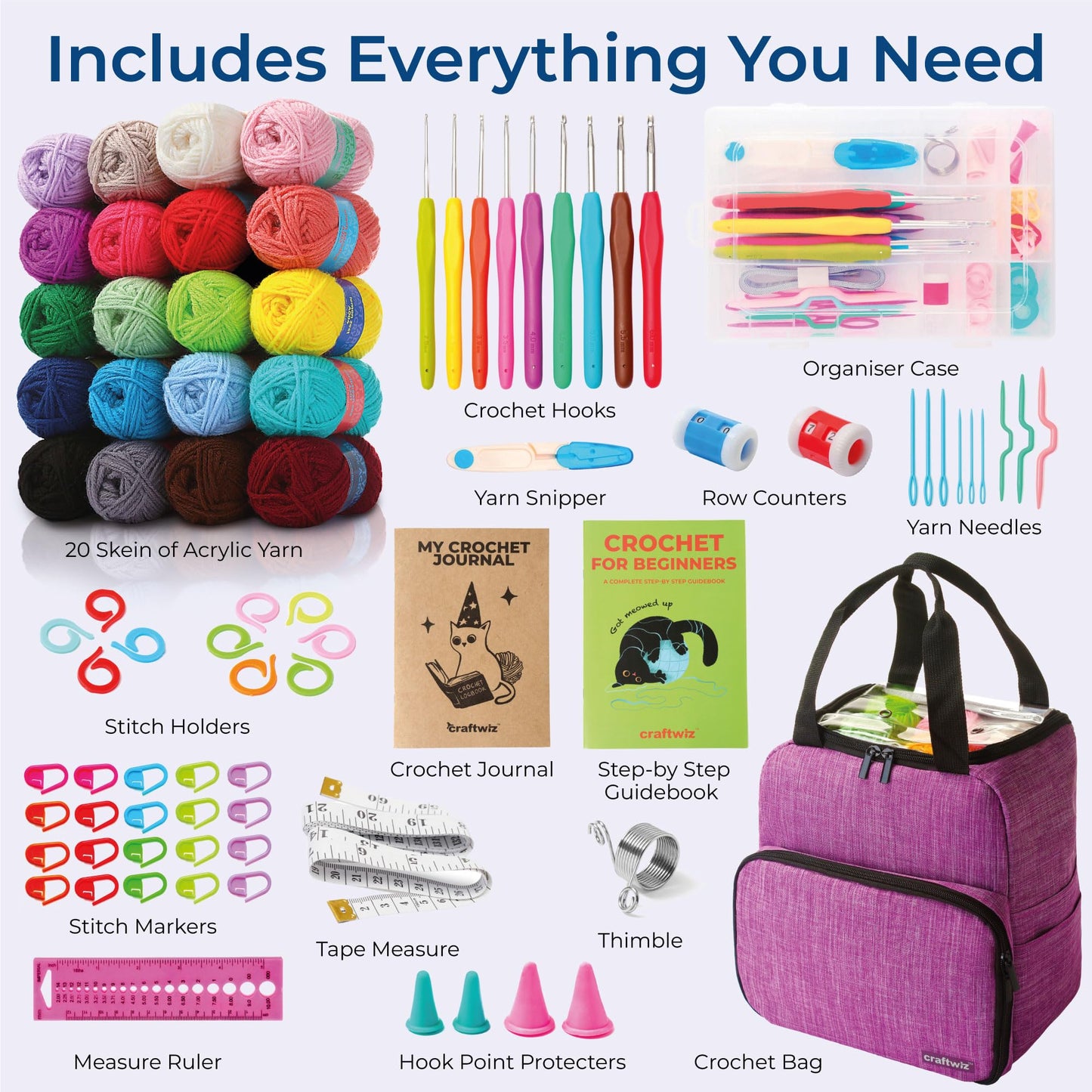 Craftwiz Learn to Crochet Kit for Beginners Adults – Complete Beginner Set with 20 Yarn Skeins, 9 Hooks, Organizer Bag & Book – Perfect Crochet Starter Kit for Adults & Teens