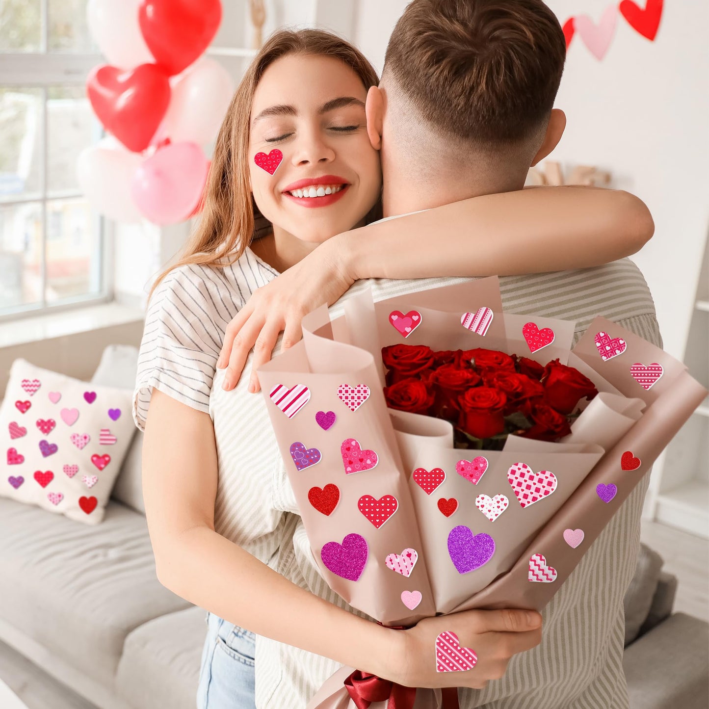 500 PCS Valentines Stickers, Self-Adhesive Foam Heart Stickers for Craft Lovers, 3 Sizes Glitter Polka Dots Stripe Valentines Decor, Bulk Valentine Crafts Red Pink DIY Decor for Frames Presents Cards