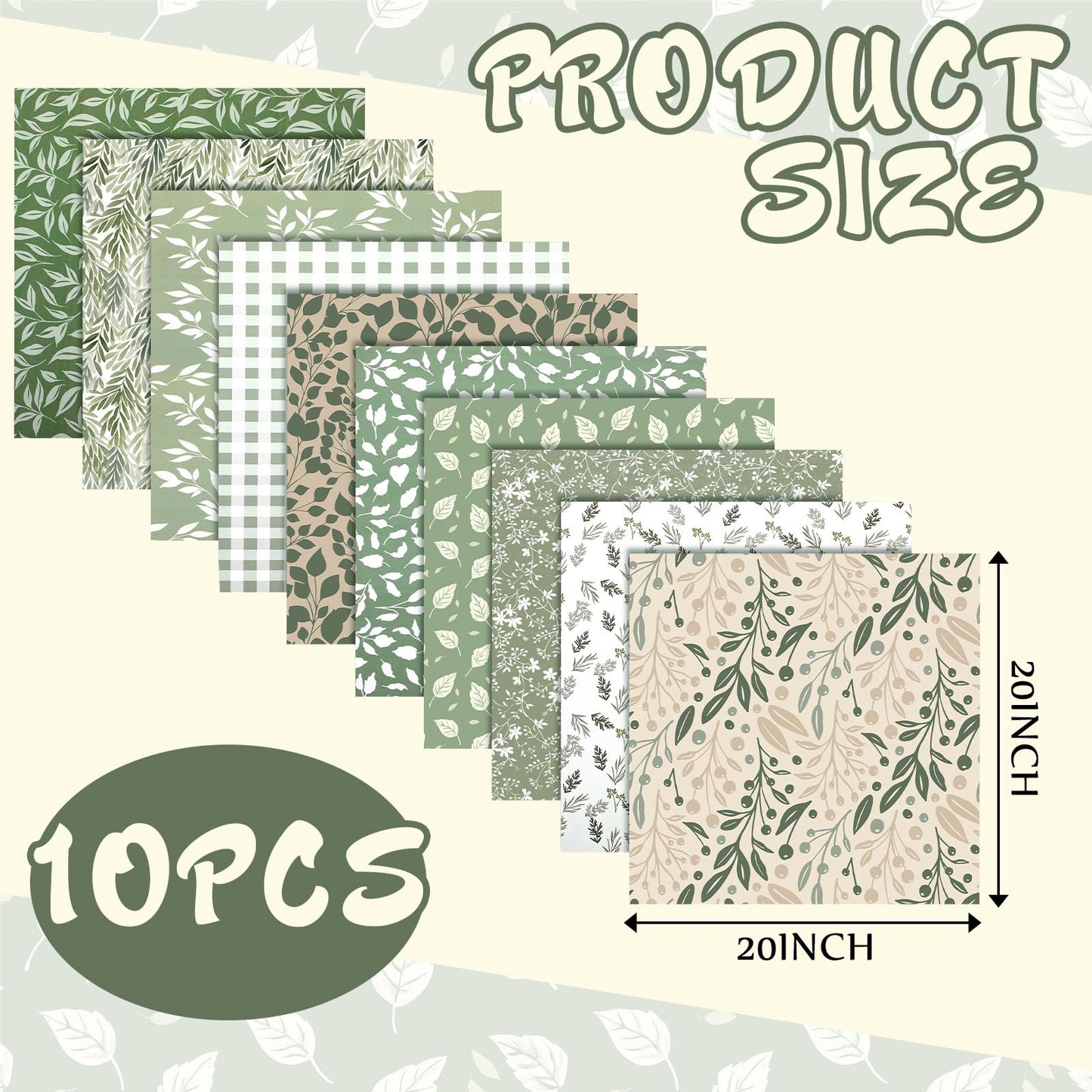 Hahafelt 10 Pcs Sage Green Quilting Fabric by The Yard 20 x 20 Inch Vintage Green Greenery Square Fabric Gingham Fat Quarters Bundle Material Precut Patchwork for Summer DIY Sewing Craft Supplies