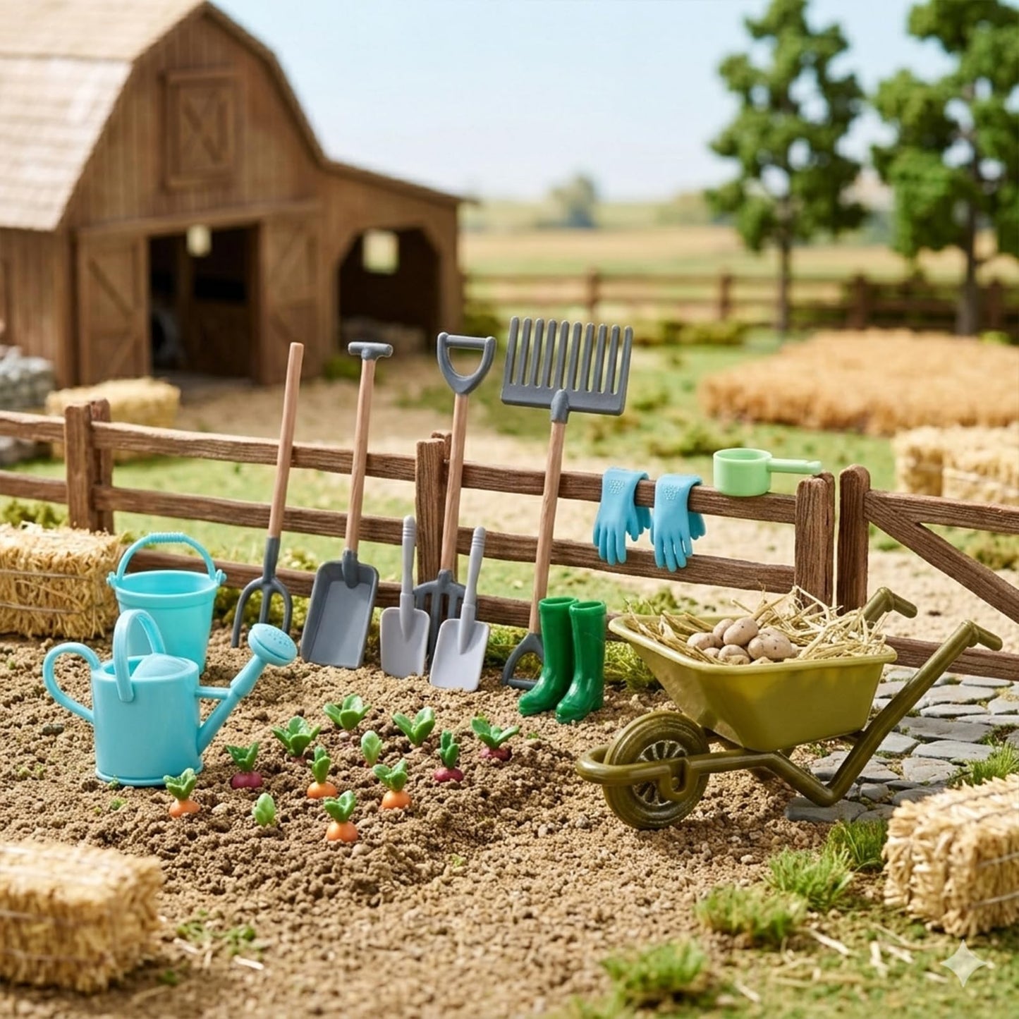 1:12 Scale Miniature Dollhouse Garden Tools Set, Mini Plastic Gardening Kit with Shovel, Rake, Hoe & Watering Can for Fairy Garden, Micro Landscape & DIY Craft Decoration