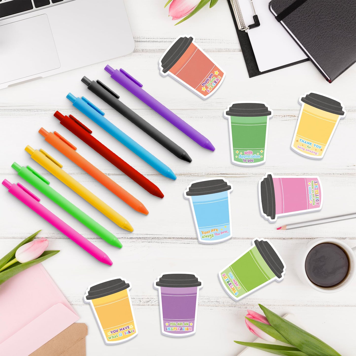 Xqumoi Employee Appreciation Coffee Cup Sticky Notes Set - 24 Set Coffee Self Sticky Writing Memo Pads Ballpoint Pens with Mesh Bag for Coffee Lover Staff Member Colleague Worker School Office Supply