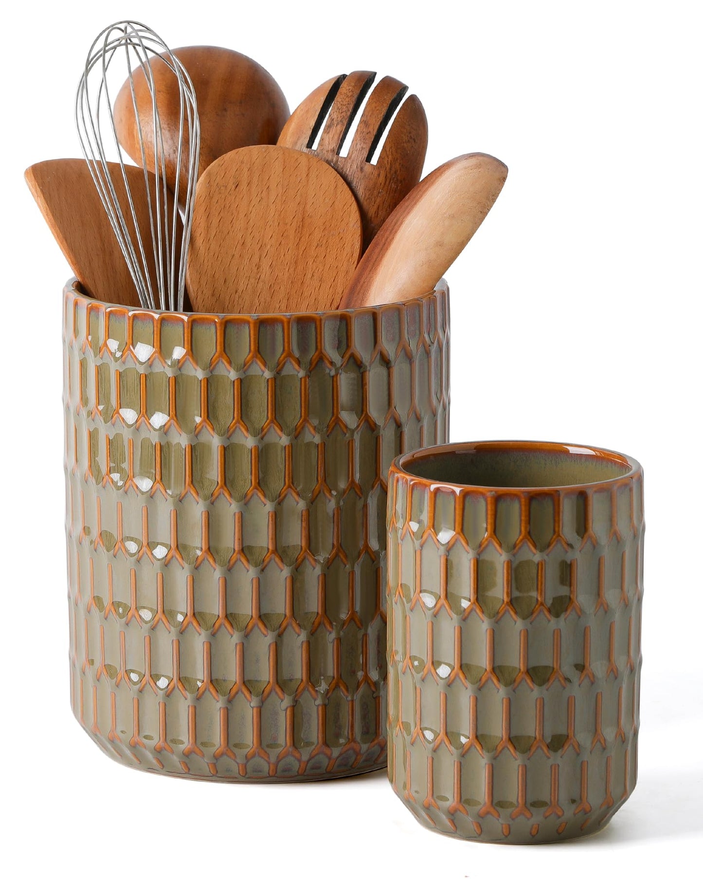 ArteBake Utensil Holder, 7.5"+5.3" Ceramic Kitchen Utensil Holder for Countertop, Large Cooking Utensil Crock for Kitchen Counter, Set of 2, Green