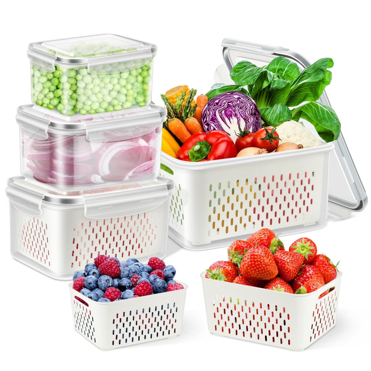 TBMax Fruit Storage Containers for Fridge Organizers and Storage, 4 Pack Large Produce Saver with Airtight Lid & Colander for Berry Lettuce Salad Vegetable Storage, Refrigerator Organizers
