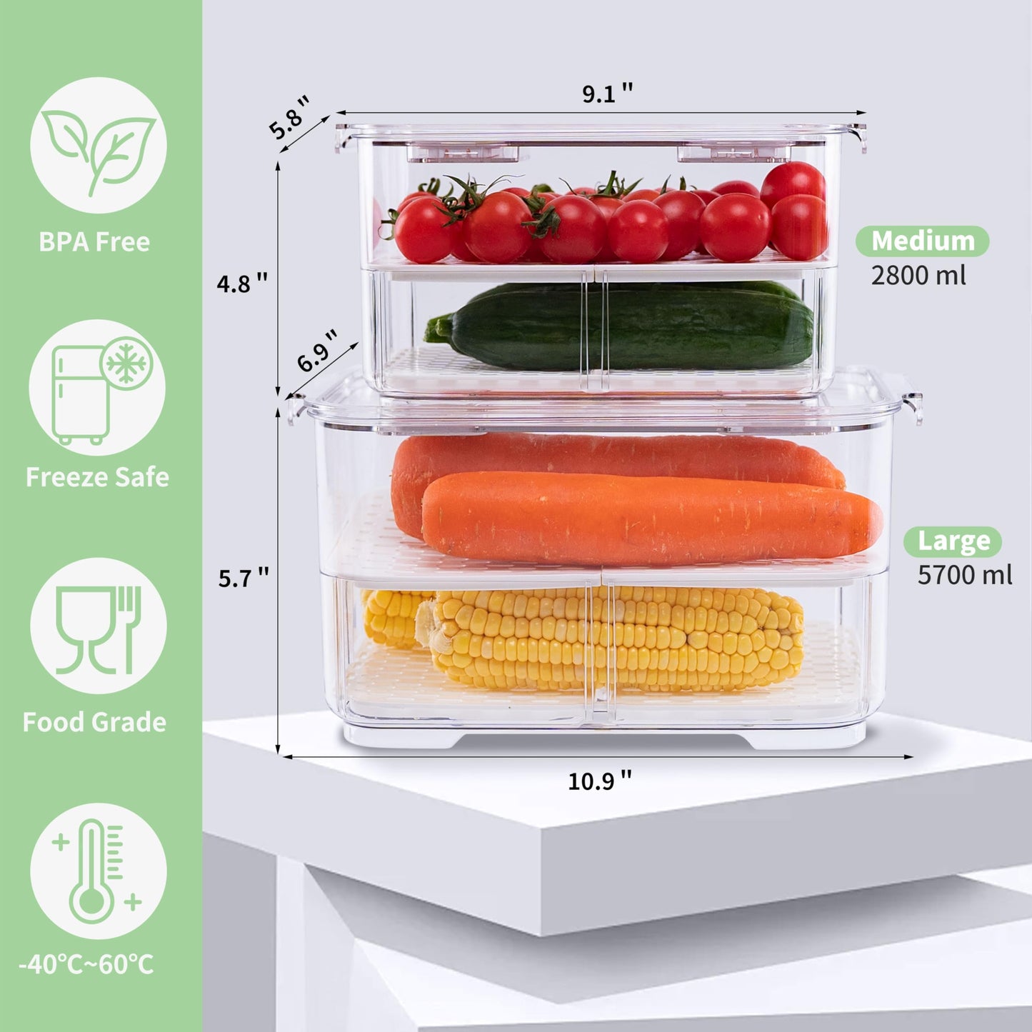 elabo Fruit Storage Containers Fridge Produce Saver- Stackable Refrigerator Organizer Keeper Drawers Bins with Lids and Removable Drain Tray for Veggie, Berry and Fruits, 1 Medium and 1 Large