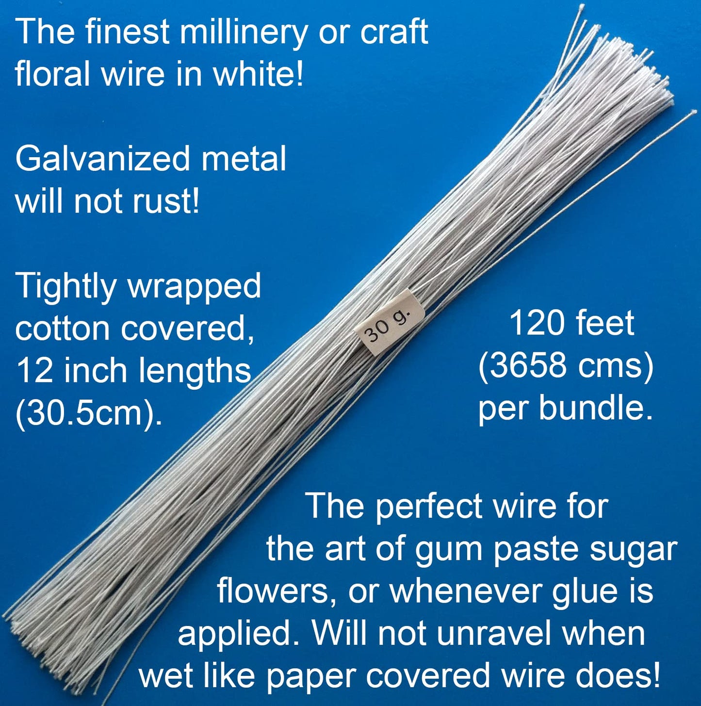 30 Gauge White Cotton Covered Floral Wire - 120 feet per Bundle (36.6m) in 12 inch (30.5cm) Lengths