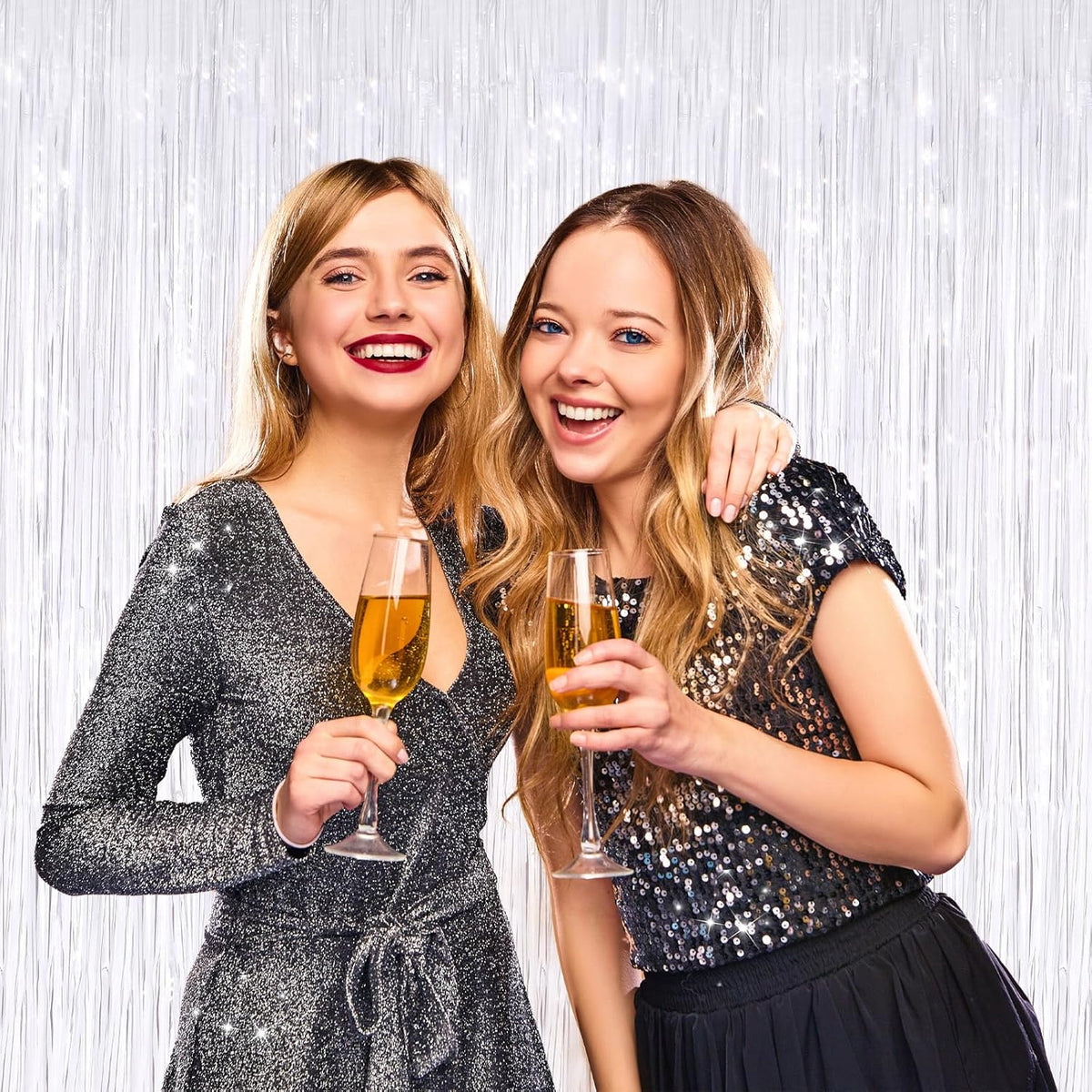 2 Pack White Metallic Tinsel Foil Fringe Curtains, Door Streamers Photo Booth Backdrop for Birthday Party, Tinsel Curtain Backdrop for Baby Shower Bachelorette Christmas Party Decorations