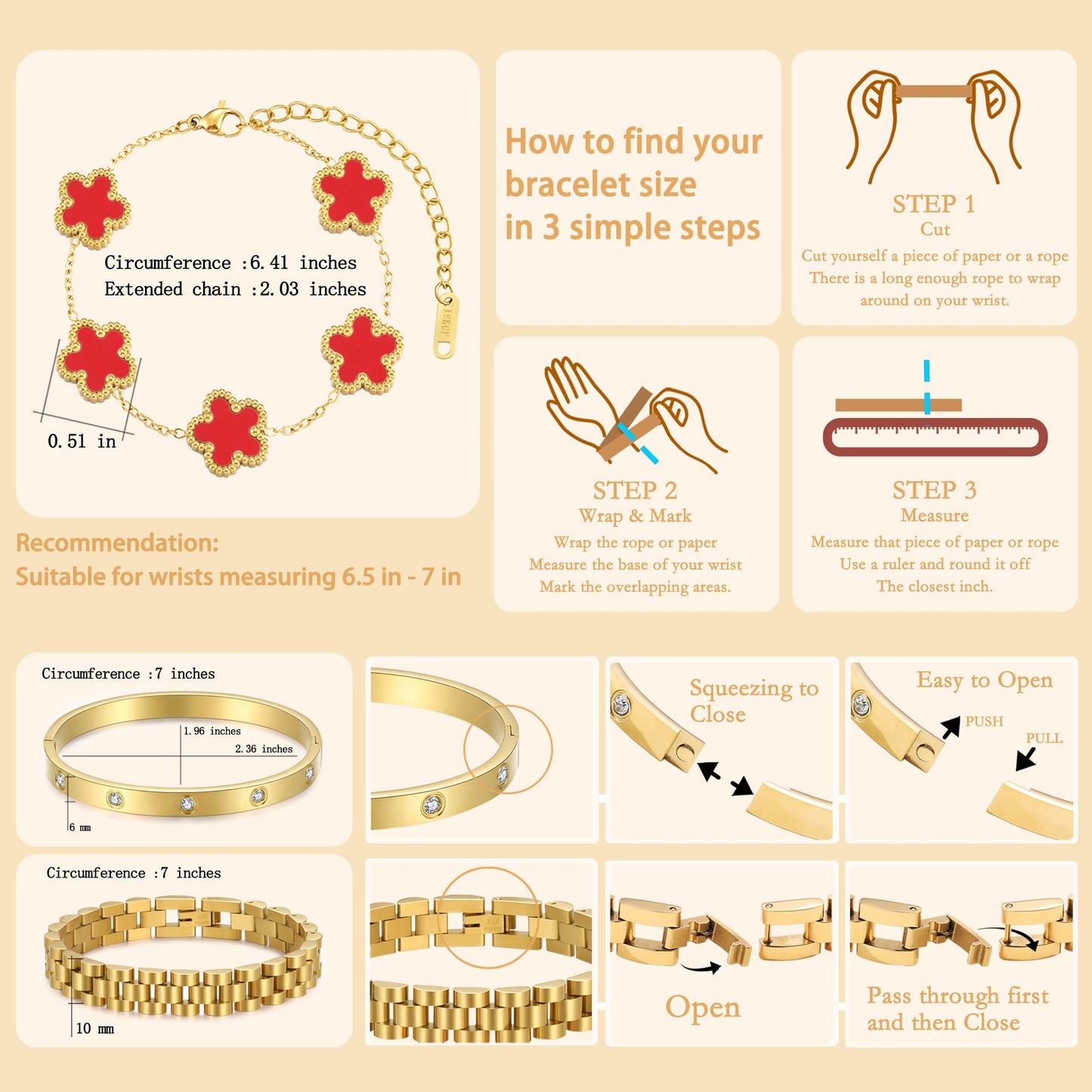 YOQ Stackable Four Leaf Clover Bracelets for Women, 18K Gold Plated Love Bangle Bracelets Set, 3 Pcs Charm Jewelry Gifts (Red)