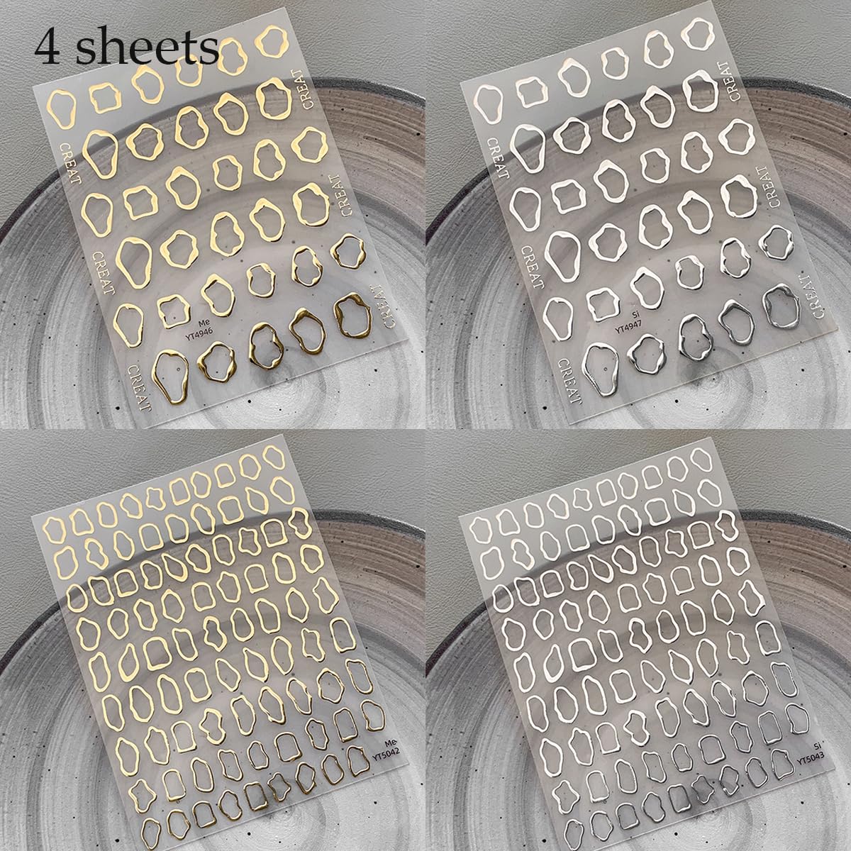 5D Embossed Metal Nail Art Stickers, 4Sheets Gold Silver Irregular Geometric Lines Frames Nail Sticker Hollow Circle Designs Nail Decals for Women Self Adhesive Nails Manicure Accessories