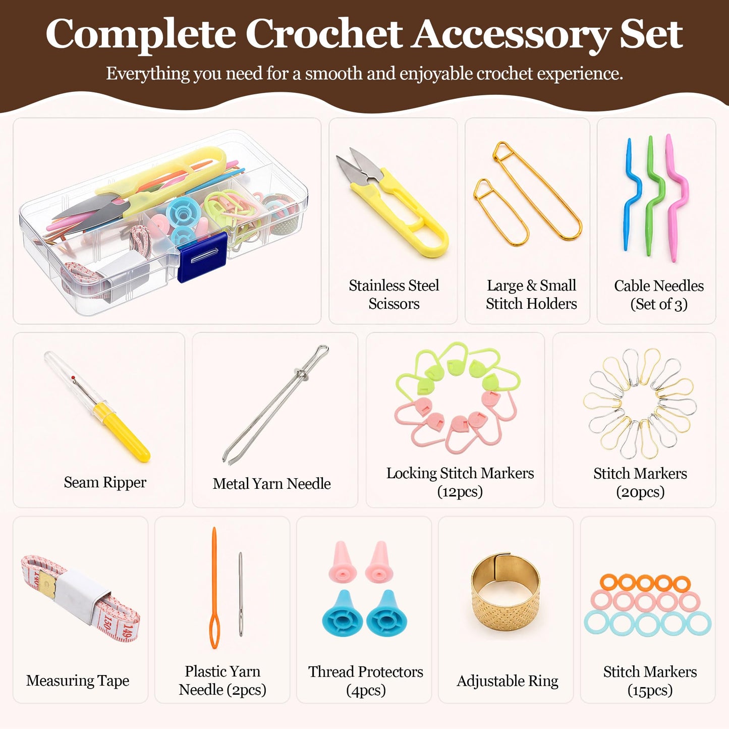 Dunkive 22-Piece Crochet Hooks Set with Case and Complete Knitting Accessories Kit, Aluminum Ergonomic Crochet Hooks, Stitch Holders, Needles & Stitch Markers for Beginners and Arthritic Hands