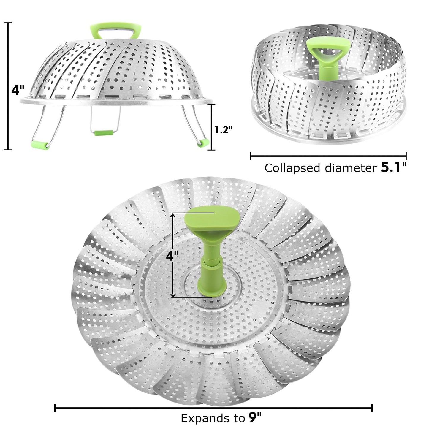 Consevisen Vegetable Steamer Basket for Cooking Food, Stainless Steel Veggie Steam Basket for Pot, Folding Expandable Steaming Insert with Extendable Handle Fits Various Size Pot, 5.1" to 9"