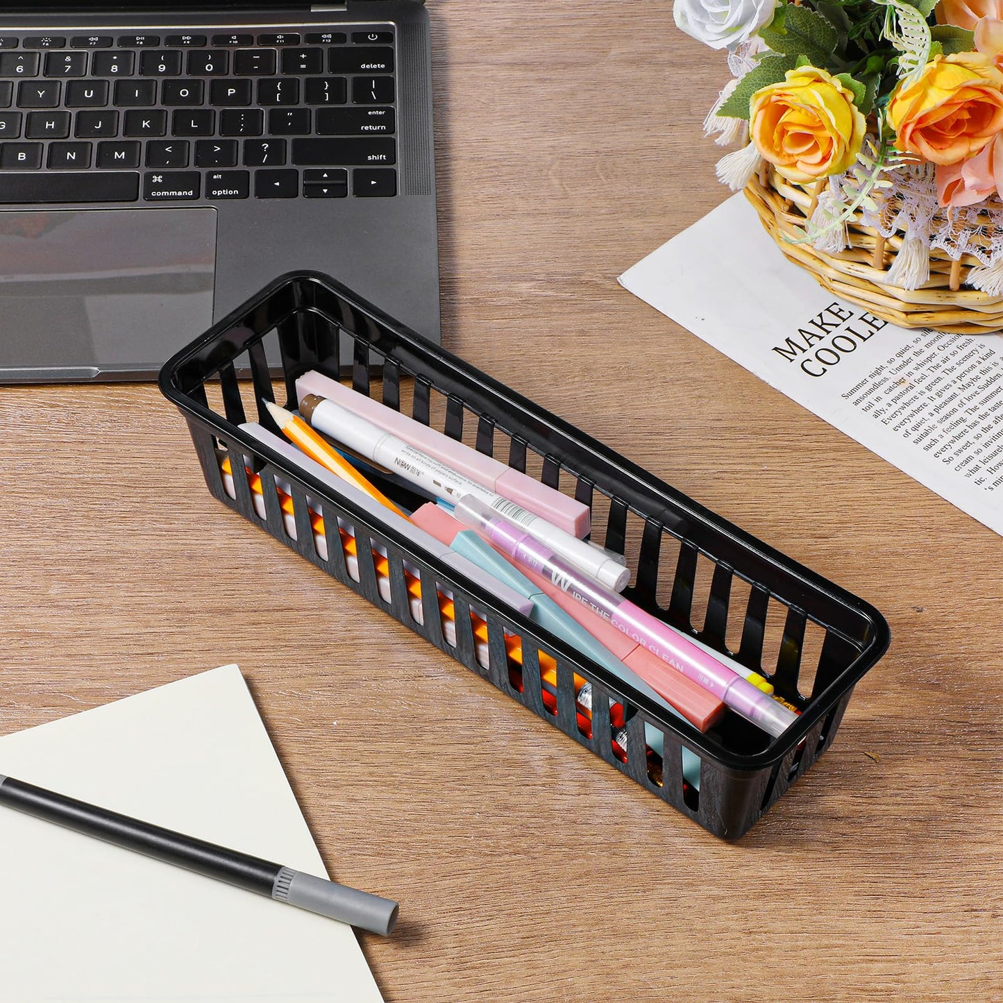 12 Pack Black Slim Plastic Storage Baskets for Organizing, 10.24 x 3.15 x 2.36 Inch Stackable Small Narrow Pencil Baskets, Drawer Storage Tray Holder for Home School Classroom Office Desk Cabinet