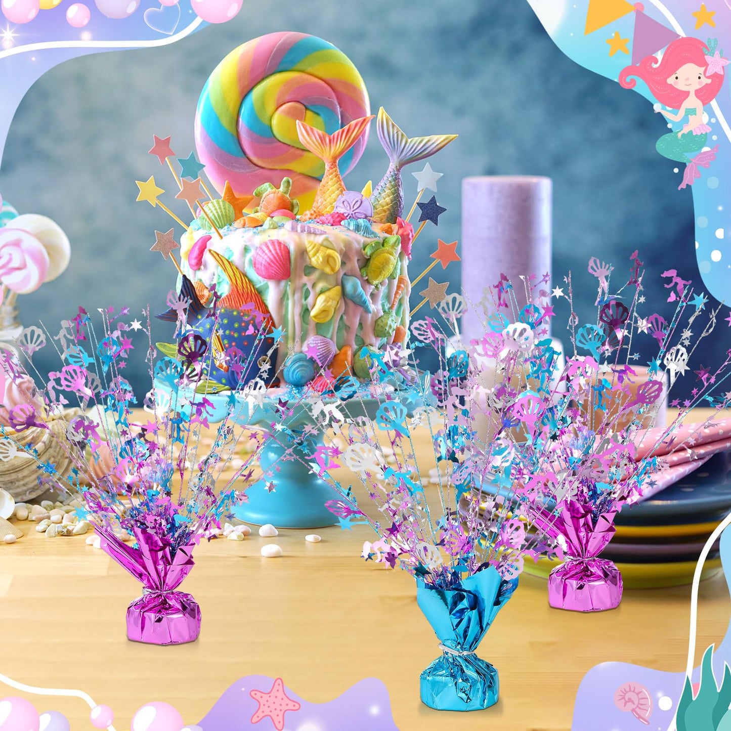 Ceenna 6 Pcs Table Decorations birthday decorations Metallic Gleam Foil Spray Centerpieces Shell Model Branches Leaf Glitter Table Centerpieces for Cosplay Holiday Party (Mermaid)