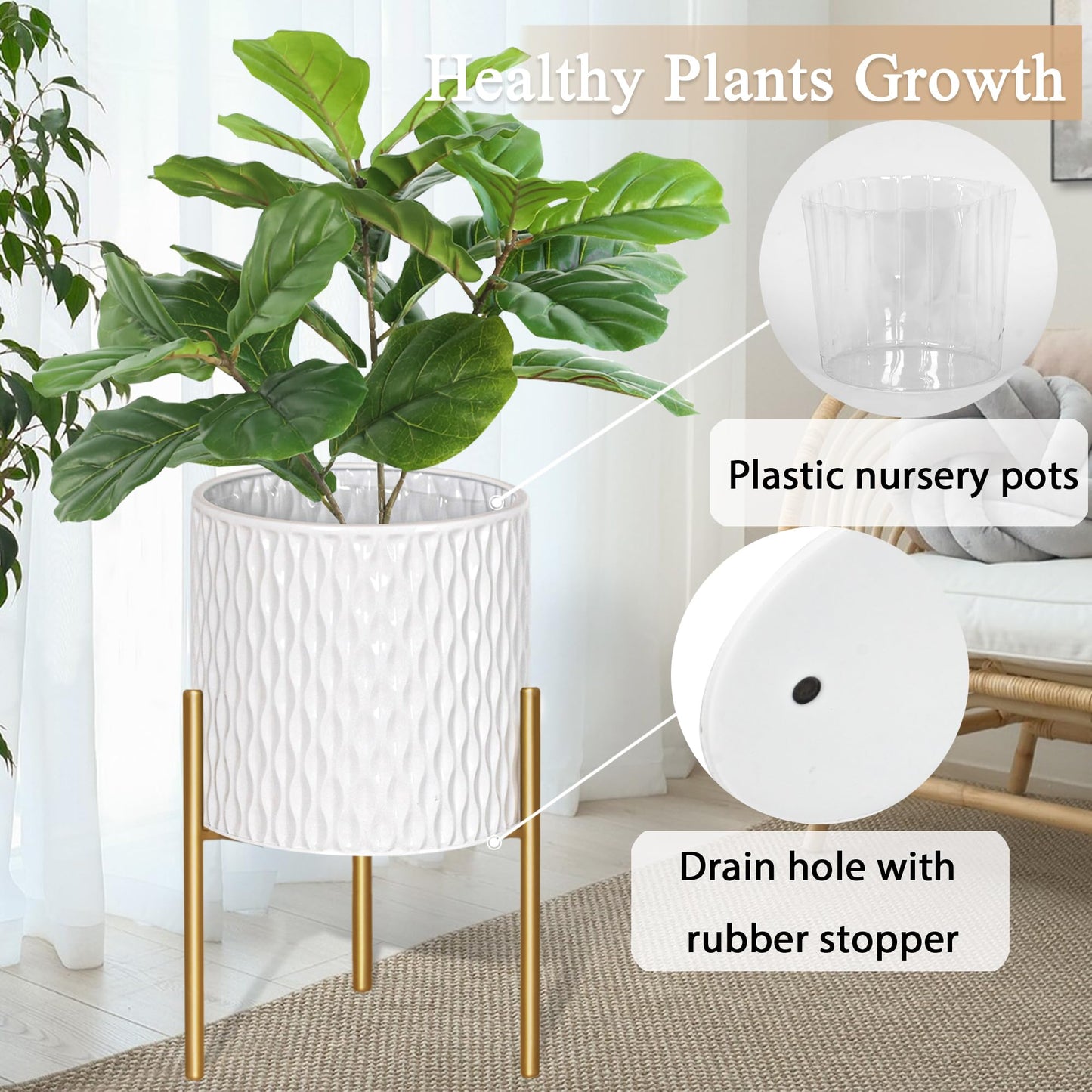 ARNIS Plants Pots with Stand, Set of 2 P lanters, Unique Mid Century Decorative Metal Flower Pots with Drainage, 8.25 & 10.5 Inch, White and Gold