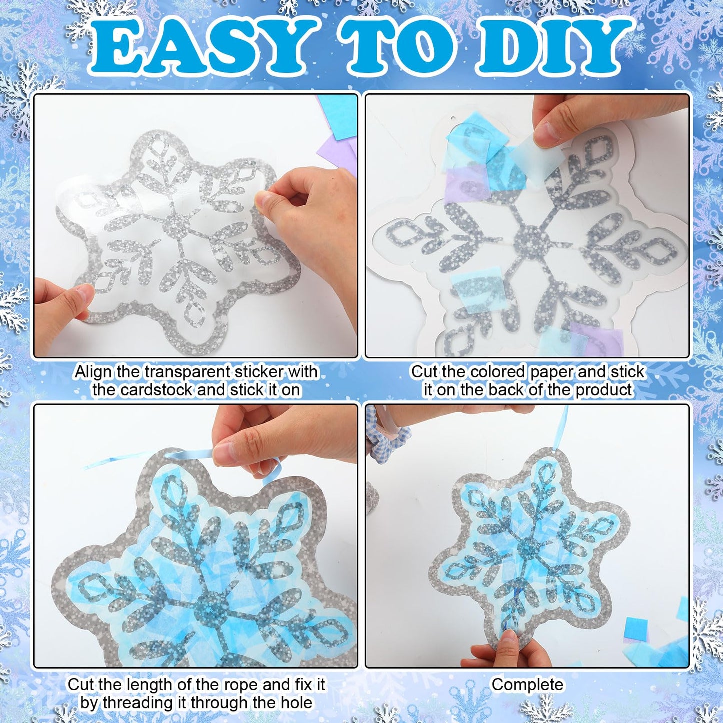 DoubleFill 60 Sets Snowflakes Suncatchers Kit Bulk Winter Snowflakes Tissue Paper Make Your Own Snowflake Stained Glass Ornament for Window Xmas Decoration