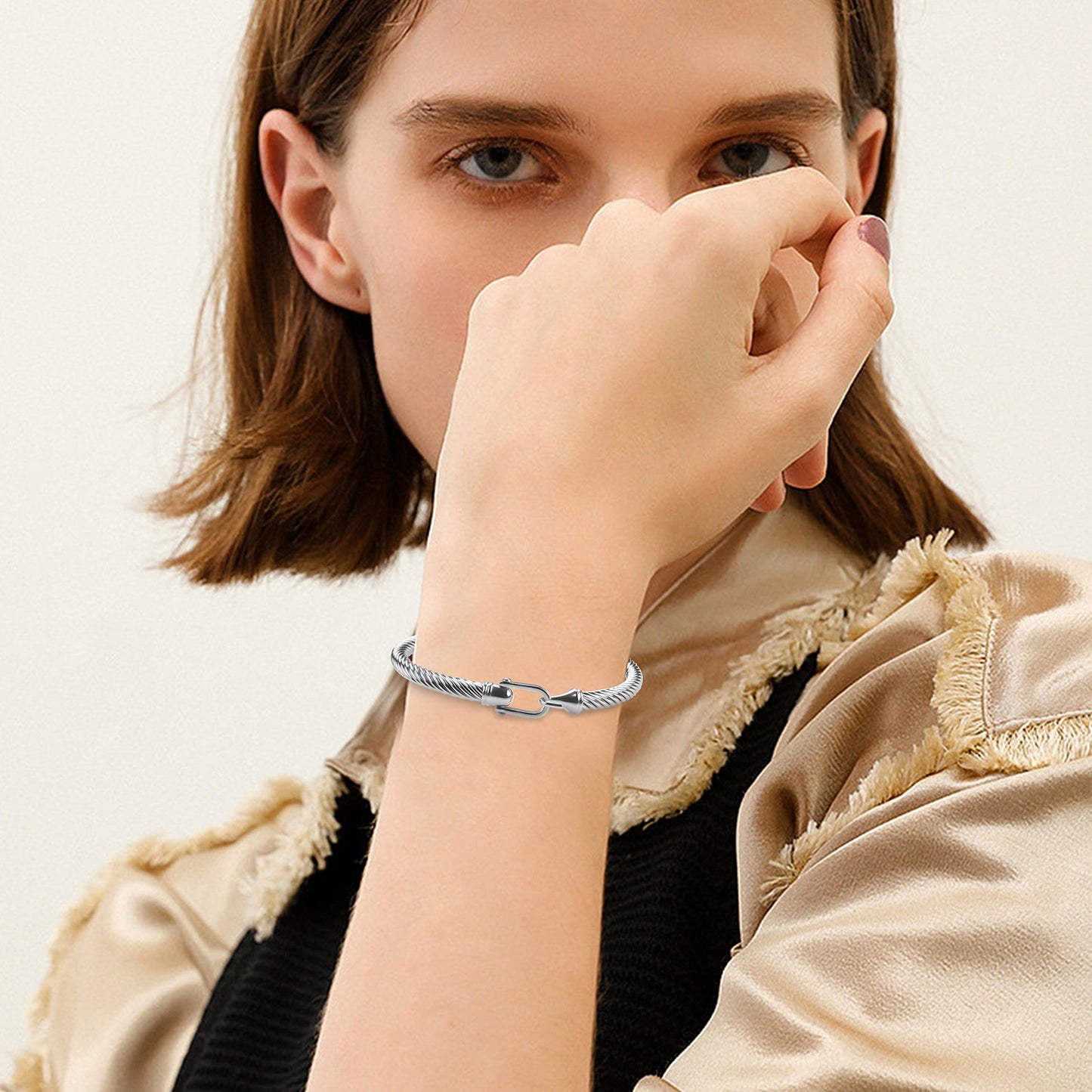 HX SHARE Twisted Cable Bracelet Stylish Fine Stainless Steel Cable Cuff Bracelet with Hook Clasp Bracelets Jewelry for Women