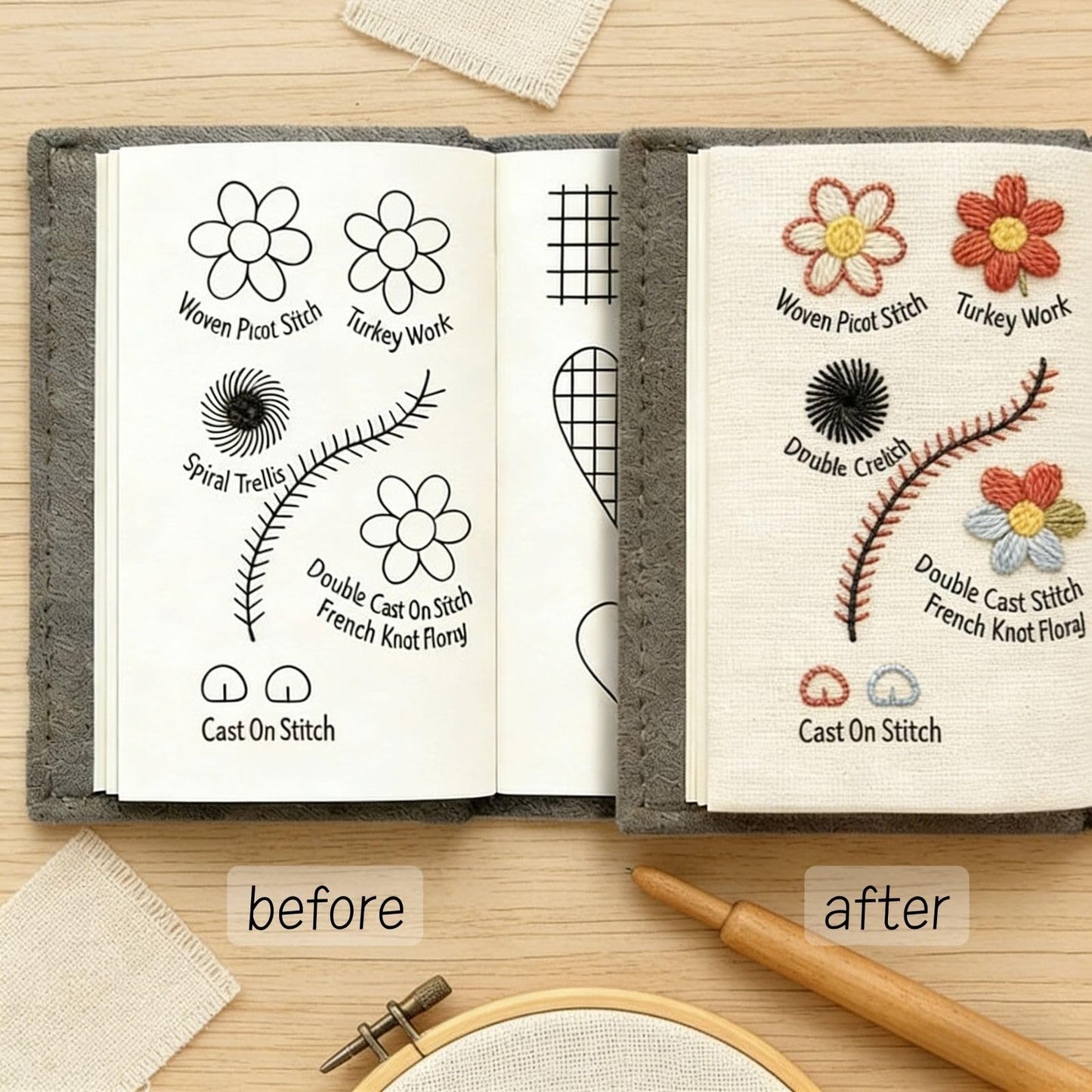Embroidery Stitch Book Kit, Portable All Scenario Embroidery Stitch Book, Comes with Complete Toolkit and Examples, Embroidery Kit for Beginners and DIY Enthusiast