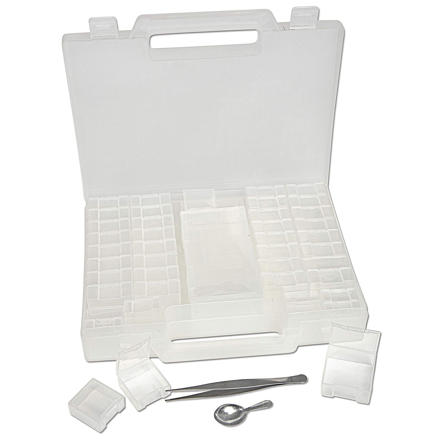 The Beadsmith Bead Organizer Carrying Case, 55 piece set, with removable compartments in assorted sizes, a carrying case, plus a bead scoop and tweezer.