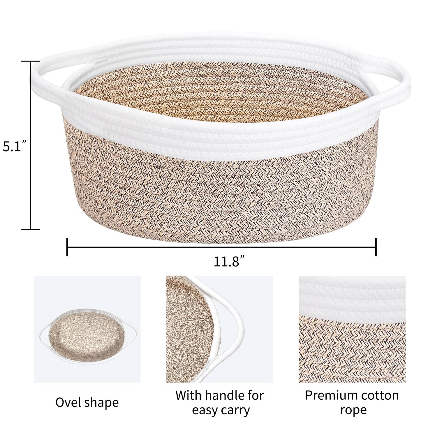 ABenkle Small Woven Basket, 12" x 8" x 5" - Cute Storage Basket with Handles for Room, Cat & Dog Toys, Gift Box