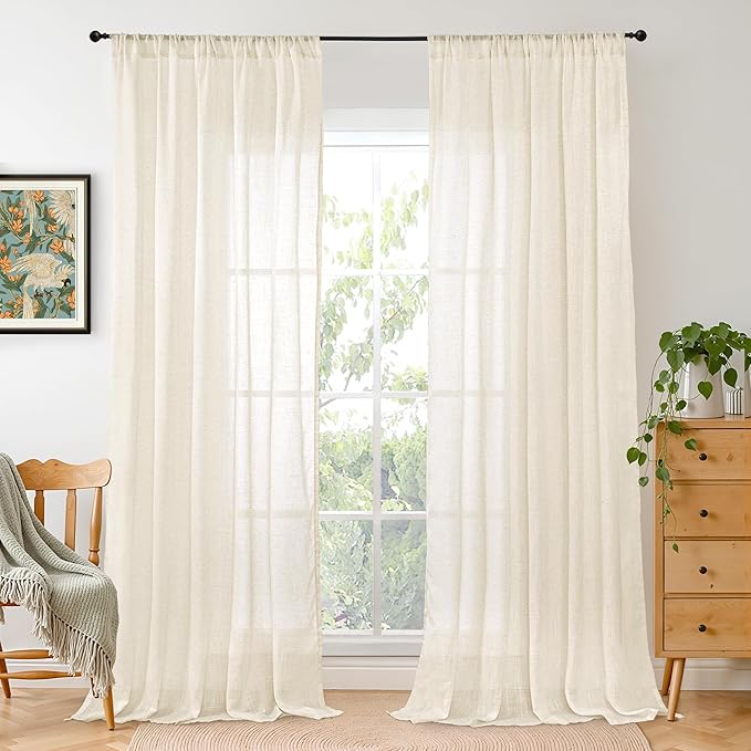 BGment 90 Inches Long Curtains for Living Room - Beige Linen Window Drapes Semi Sheer Rod Pocket Light Filtering for Bedroom Dining Room Decor Lightweight Rustic, 2 Panels, 52 Inch Wide Each Panel