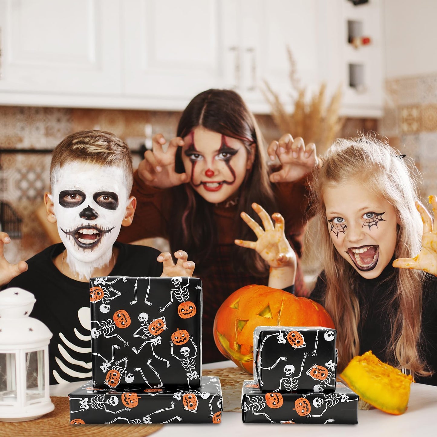 Whaline Halloween Wrapping Paper -Mini Roll- 17 Inch x 32.8Ft Black Dancing Skeleton Pumpkin Gift Wrap Paper Spooky Art Paper for Birthday DIY Crafts