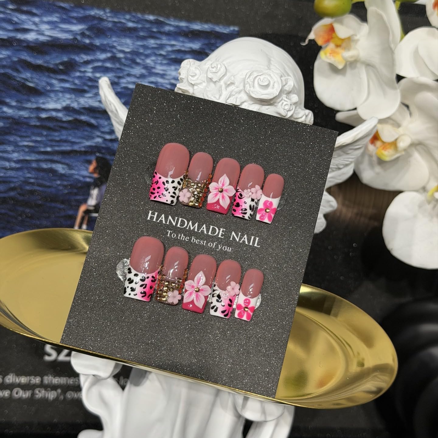 Vseegrs Pink Handmade Press on NailsSquare Medium Leopard Artificial False Nails with Designs 3D Flowers Acrylic Nail Press ons Gold Embossed Press on Nail Kit for Women 10pcs (L)