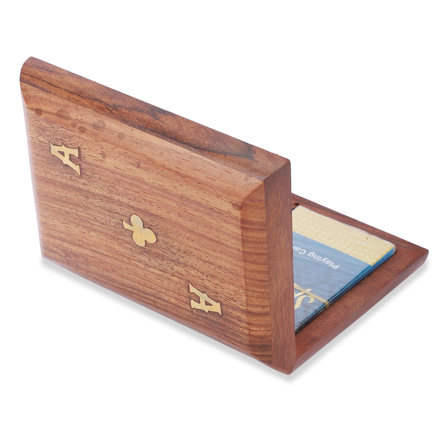 Ajuny Handcrafted Wooden Double Deck Playing Card Box Holder Decorative Storage Case Organizer With 2 Set of Playing Cards Anniversary Housewarming Gifts (15x12 cm)