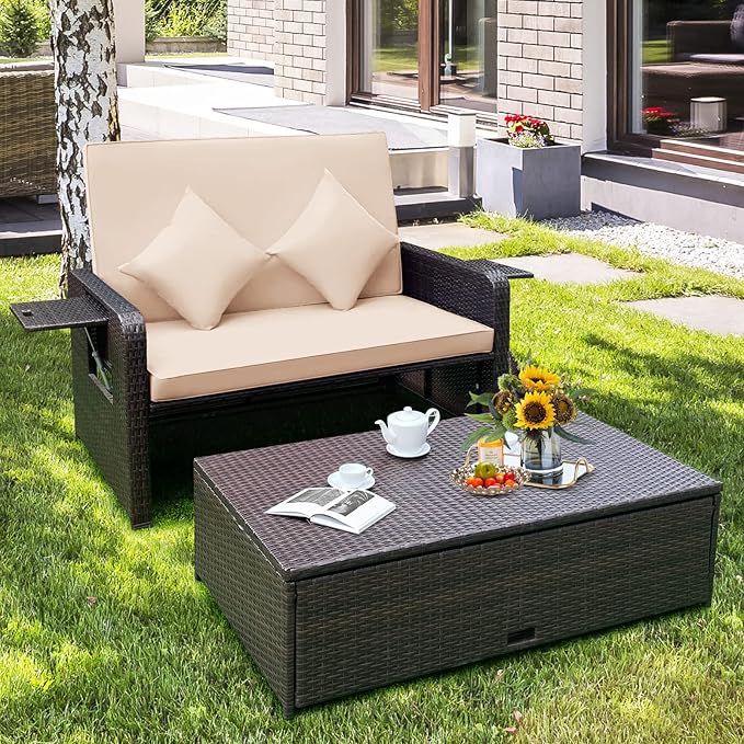 HAPPYGRILL Patio Rattan Wicker Daybed with Loveseat & Storage Ottoman, Outdoor Lounge Sofa Furniture Set with Adjustable Backrest & Side Trays, for Poolside Deck Porch Lawn (Mix Brown & Beige)
