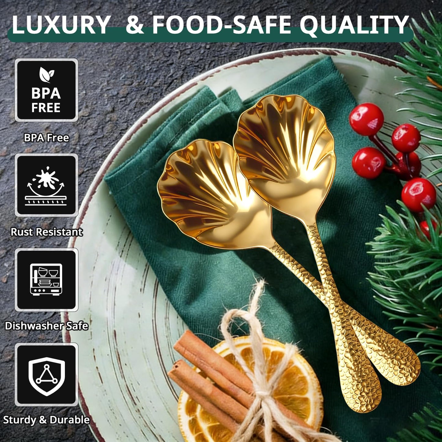 Serving Spoons 4Pack, 18/10 Stainless Steel Large Serving Spoons Set, Hammered Long Handle Serving Spoons for Buffet, Scalloped Design Serving Utensils for Kitchen Party Buffet Banquet (Gold)