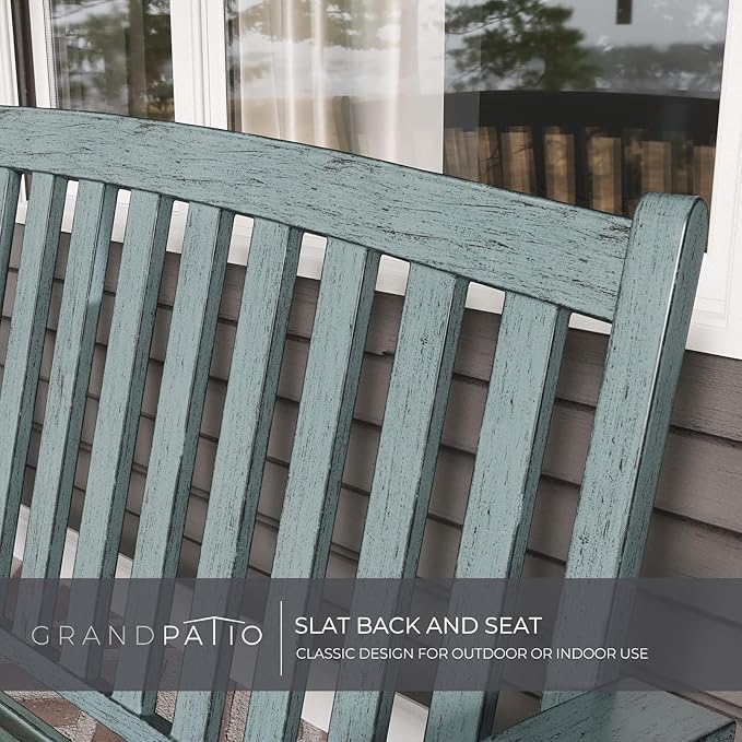 Grand patio 52" Farmhouse Outdoor Bench, Garden Benches with Anti-Rust Aluminum Metal Frame, Faux Wood Grain Finish Frame Patio Bench for Front Porch, Weathered Blue