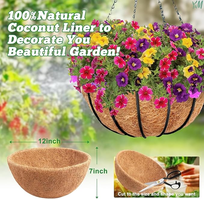 Y&M Pack of 2 12" Pre-Formed Round Coco Fiber Hanging Basket Liner,Coco Replacement Liner-2PCS