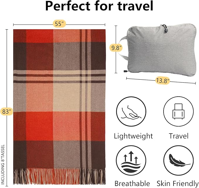 Throw Blanket Plaid with Carry Bag | Soft Wool Travel Blanket 55"x83" 2lbs | Red Plaid Decorative Throw for Couch, Camping & Gift