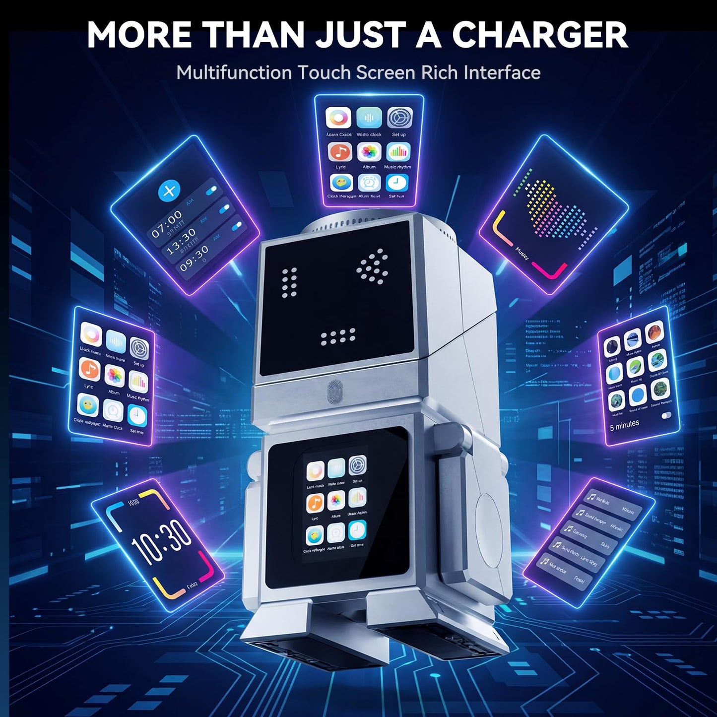 7-in-1 Robotic Wireless Charging Station with LCD Touch Screen, Bluetooth 5.3 Speaker, Alarm Clock, Qi2.2 25W Magnetic Rotating Fast Charging Dock for iPhone, iWatch, AirPods, 45W Adapter (Silver)