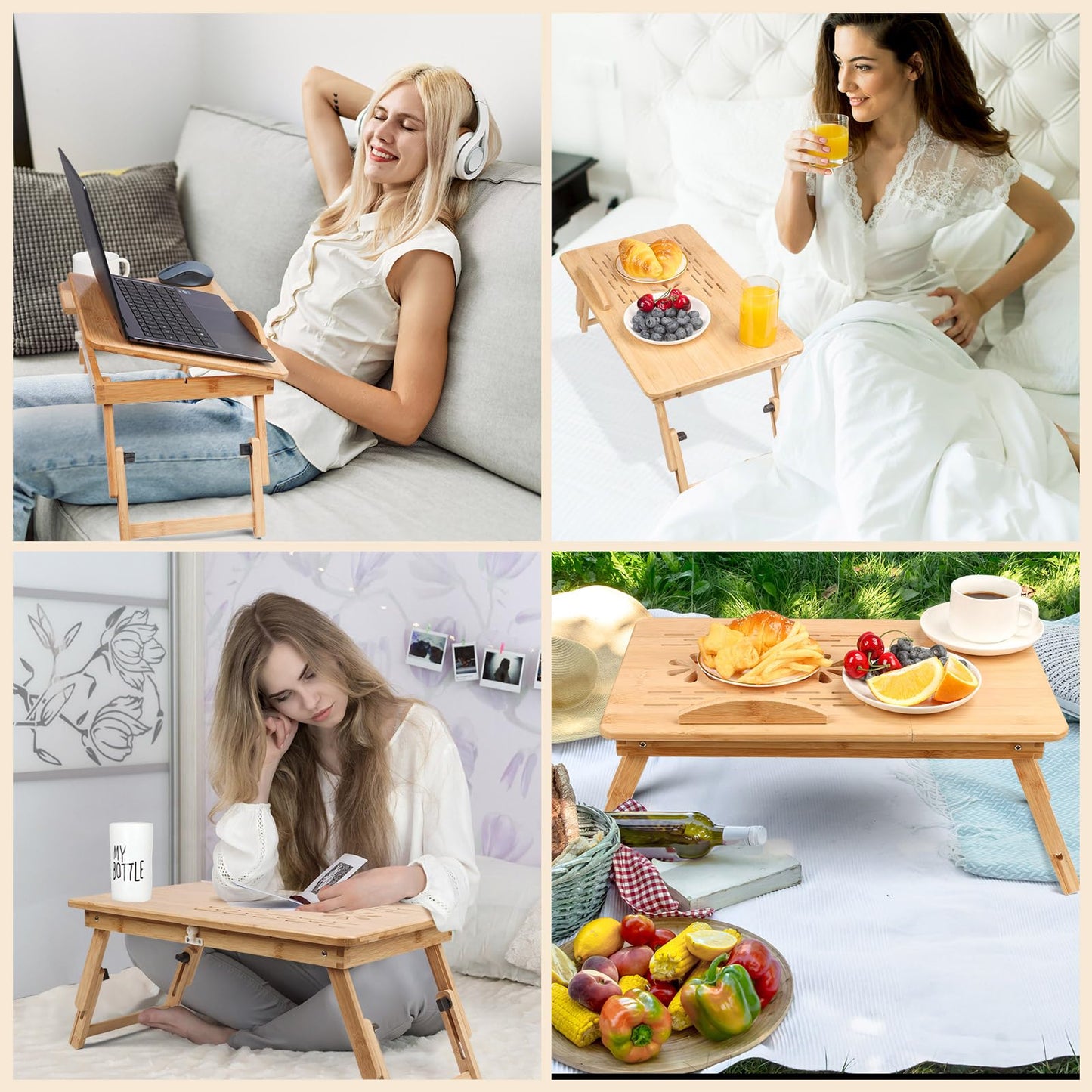 JELNER Adjustable Bamboo Laptop Desk with Cooling Fan, Foldable Bed Tray for Breakfast, Writing, and Drawing, with Tilting Top and Drawer, Portable Lap Desk for Bed, Sofa, and Floor.