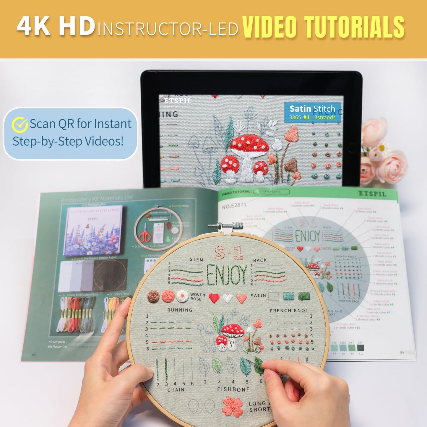 ETSPIL Embroidery Kit for Beginners, Easy Step-by-Step 4K Video Tutorials for Adults to Master 33 Core Stitches, Bound Guide & Magnetic Minder, Relaxing DIY Craft Hobby Gift for Women