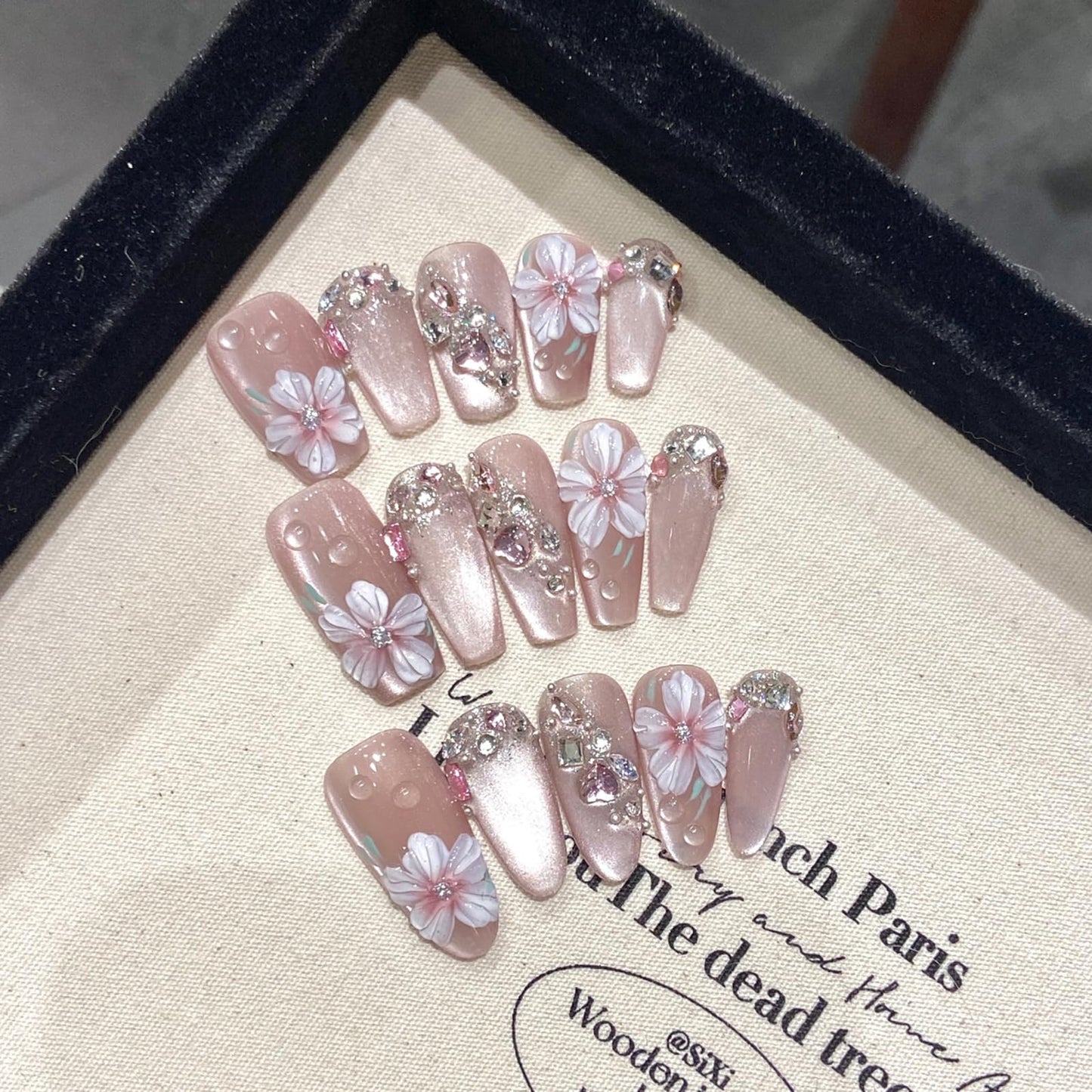 Yacey 3D Floral Handmade Press on Nails, Medium Coffin Reusable False Nails Press Ons, Pink Cat Eyes with Charms Thick Acrylic Fake Nails, Luxury Glossy Glue on Nails for Women Girls (10 Pcs, M)