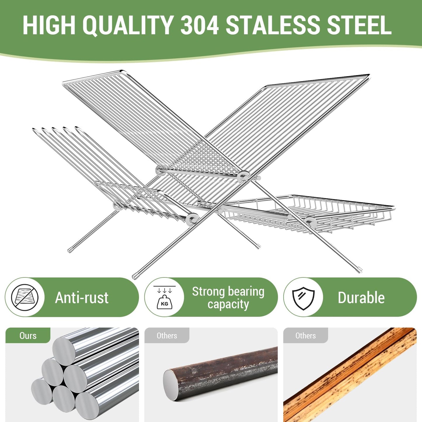 Dish Rack with Drip Tray, Stainless Steel 3-Tier Collapsible Drainer Dish Drying Rack for Kitchen Counter, Sink, Countertop,Cutlery, Dishes Utensils Flatware Holder Set, Reversible Cup Draining Rack