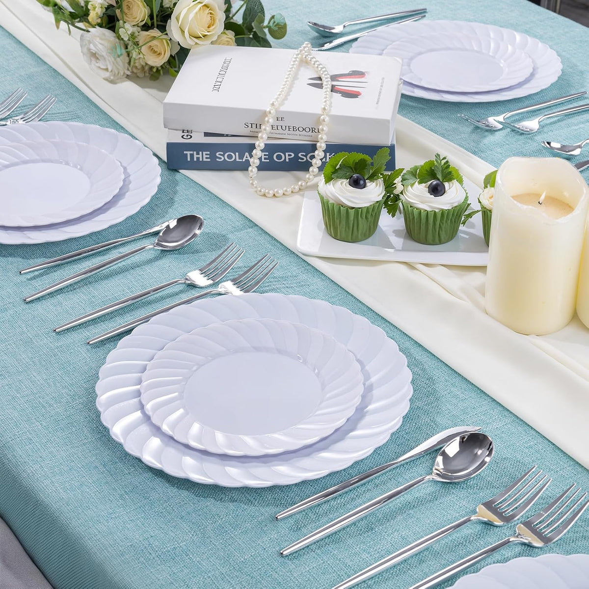 U-QE 60 Pcs White Plastic Plates for Party – Scalloped Plastic Plates Heavy Duty & Elegant – Include 30 10" Dinner & 30 7" Dessert Plate - Perfect for Weddings, Bridal Showers and Parties