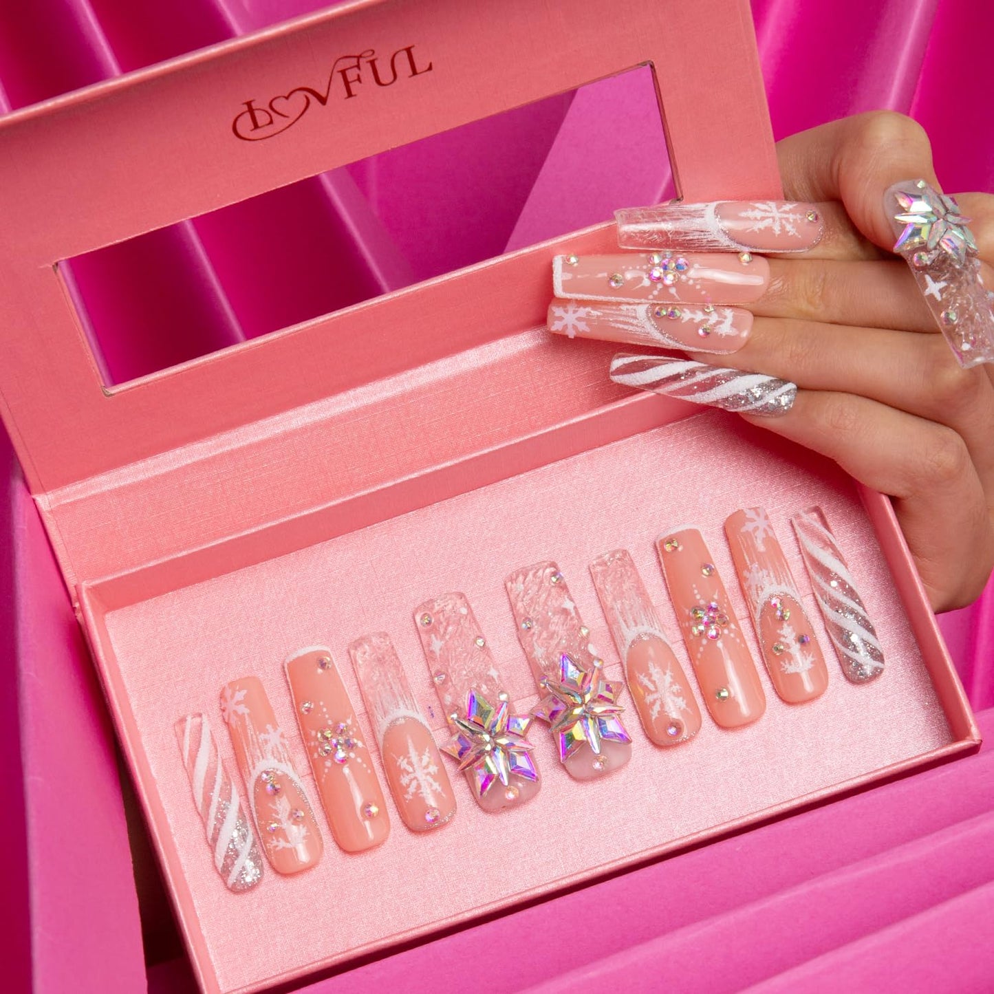 LOVFUL Press on Nails Snowy Moonlight| Handmade with Full Covered Crystals | Reusable Fake Nails | Square Mid Length 1.7 in | H142-M