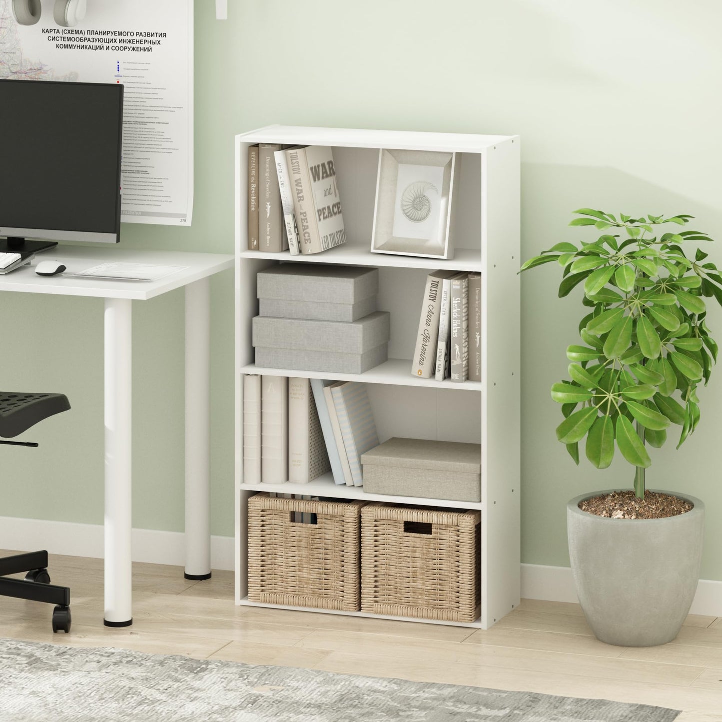 Furinno PASIR Book Shelf, 4-Tier Bookshelf, Bookcase with Open Shelf, 9.4 x 23.6 x 41.7, for Living Room, Bedroom, Home Office, Plain White
