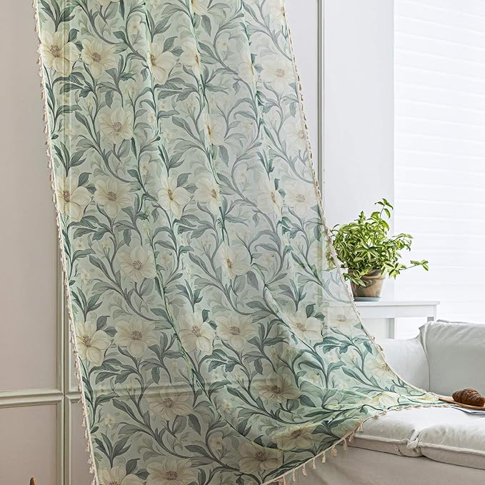 Green Floral Sheer Curtains 84 inch Long, Fringed Edges and Textured Semi Sheer Curtains Large Window Treatments for Living Room/Bedroom, 2 Panels