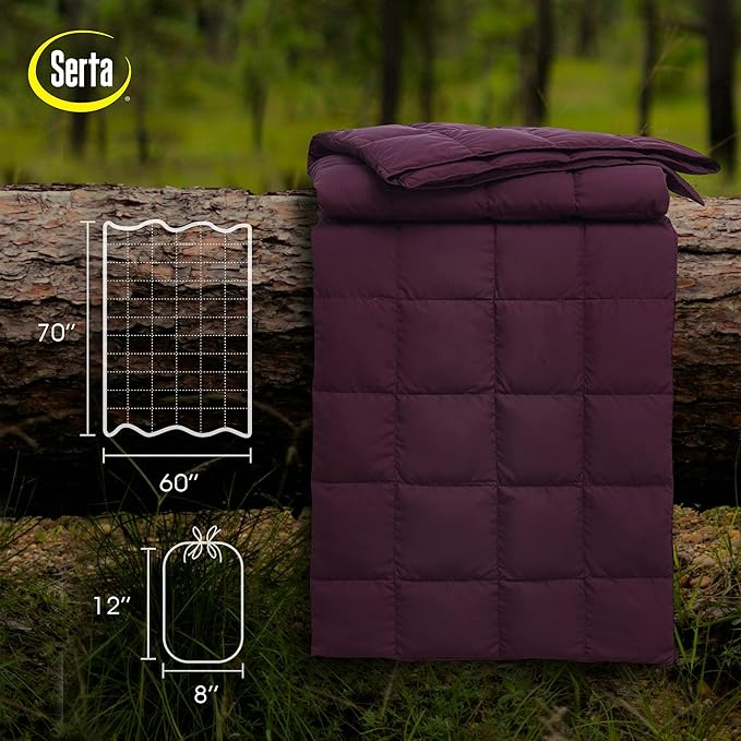 Serta Down Filled Throw Blanket, Packable Lightweight and Durable Blanket for Indoor,Office,Outdoor,Traveling, Hiking, Camping, 60" x 70" with Carrying Pouch (Plum)